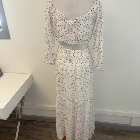 Women’s White Floral Maxi Sz Med Two Piece Set Off Shoulder Crop Top Skirt Linen - Picture 6 of 9